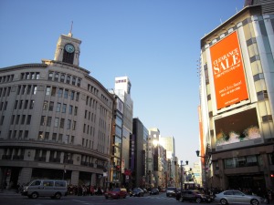 The main intersection at Ginza with Mikimoto and Mitsukoshi department stores